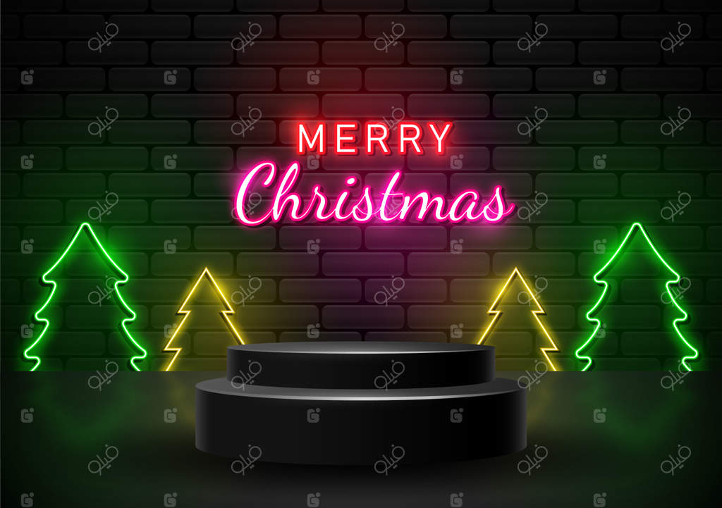 پودیوم با تصویر وکتور درخت کریسمس نور نئون