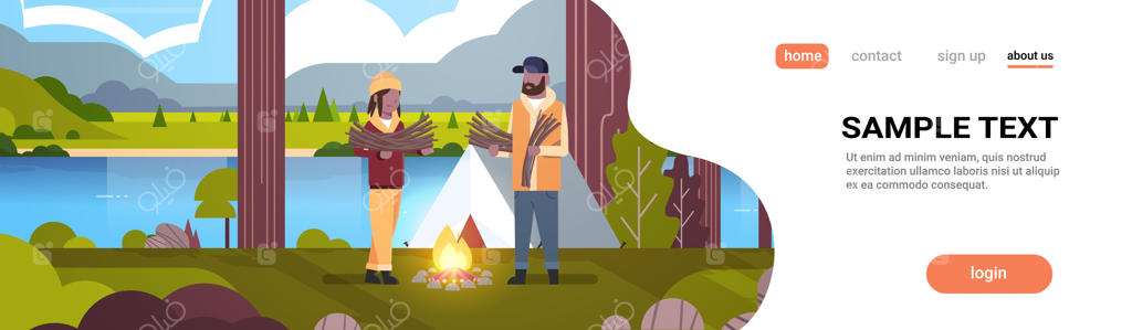 زوجی از گردشگران کوهنورد، درحال جمع‌آوری هیزم و روشن کردن آتش در نزدیکی چادر کمپ. کوهستان، طبیعت و رودخانه در پس‌زمینه.