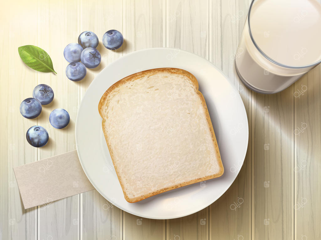 نمای بالای میز صبحانه: نان تُست سفید با بلوبری و شیر غلات روی میز چوبی