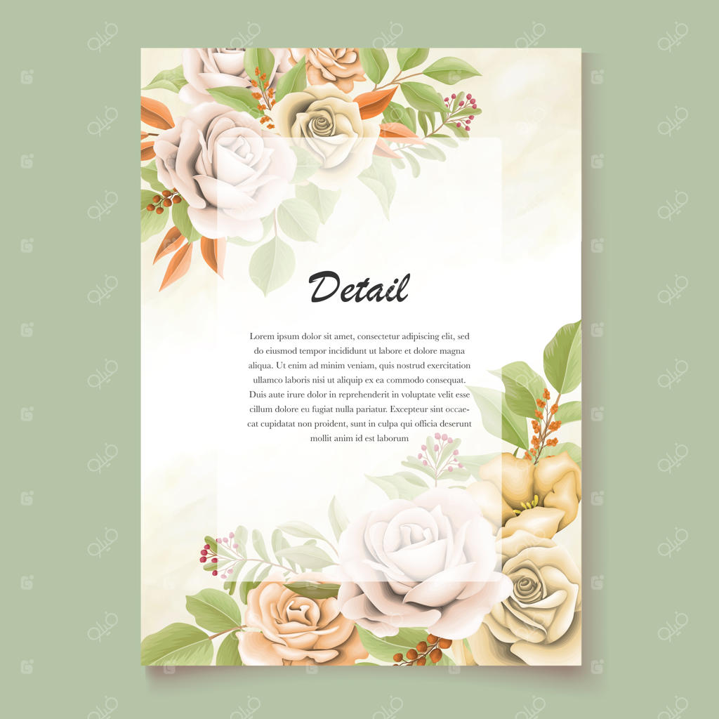 دعوتنامه عروسی زیبا با طرح گل‌ها و برگ‌های نرم و لطیف