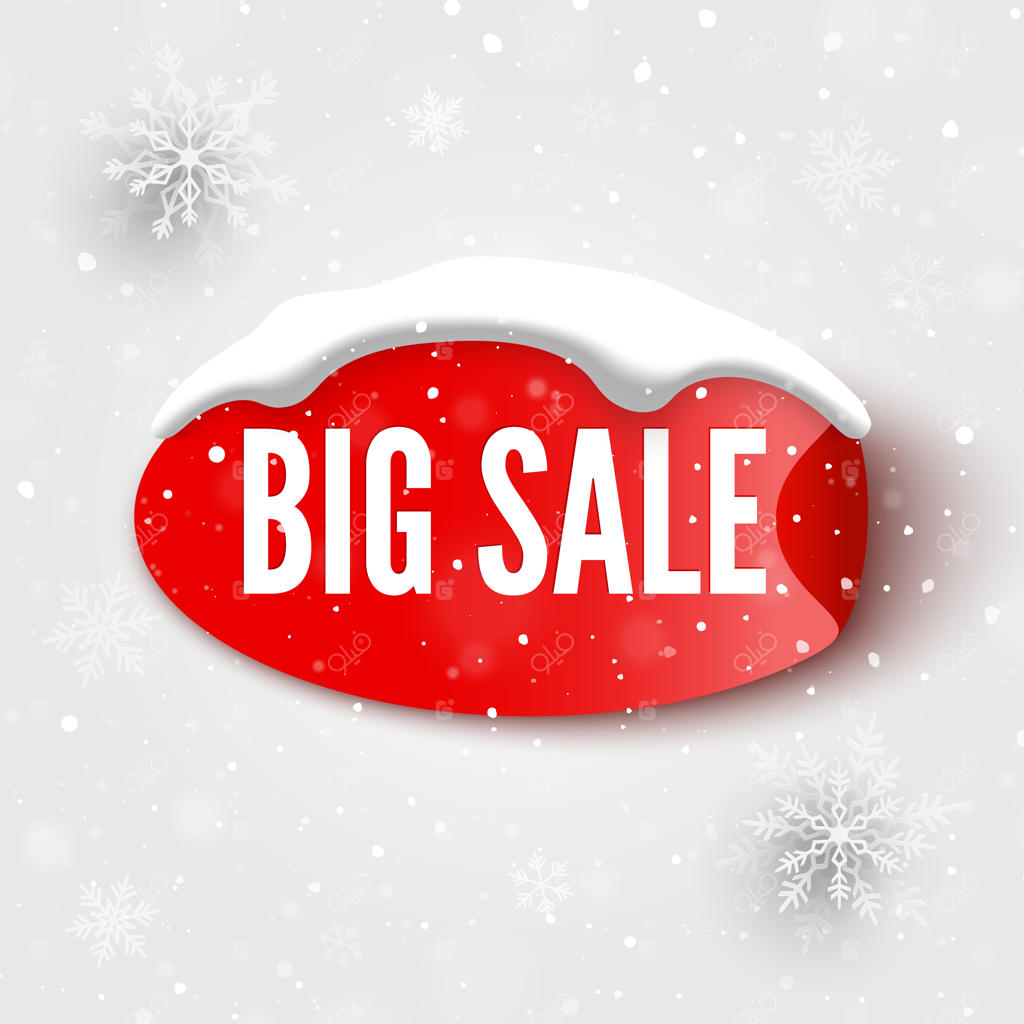 بنر حراج بزرگ با استیکر قرمز و طرح برف و دانه‌های برف - تصویر وکتور
