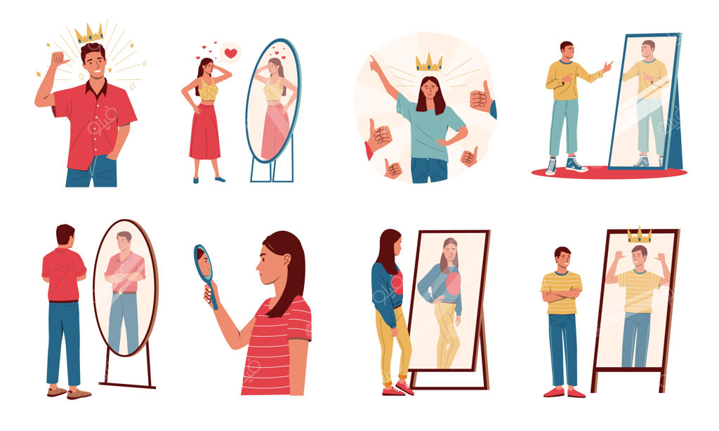 افراد با اعتماد به نفس: مردان و زنان کارتونی با ذهنیت مثبت که با افتخار به آینه نگاه می‌کنند - مفهوم پذیرش خود (مجموعه وکتور)