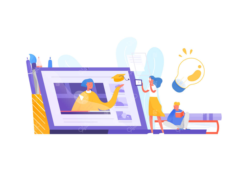 زن کوچک یا دانشجوی زن در مقابل لپ‌تاپ غول‌پیکر و نگاه کردن به صفحه‌نمایش. آموزش از راه دور، تحصیلات اینترنتی و مطالعه، دوره آنلاین یا آموزش. تصویر برداری مدرن.