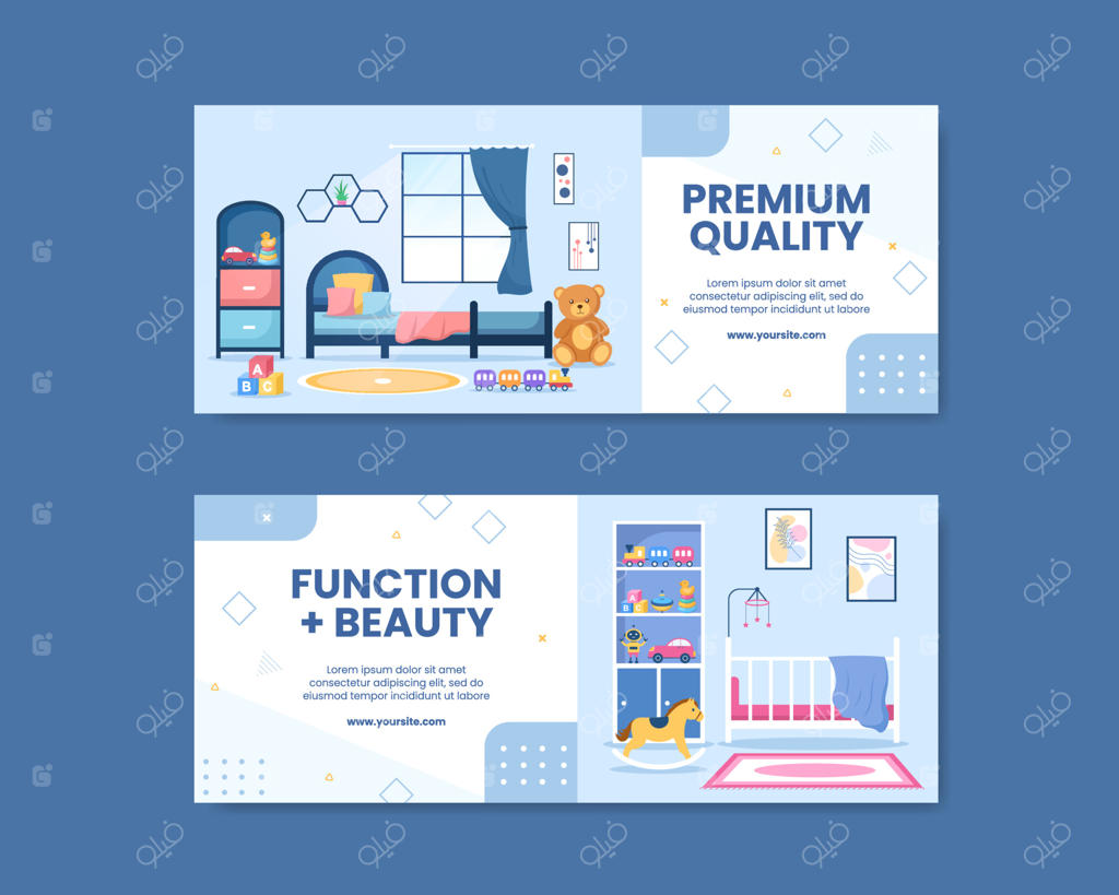 وکتور تصویرسازی فضای داخلی اتاق خواب با سبک کارتونی و تخت برای قالب بنر شبکه‌های اجتماعی