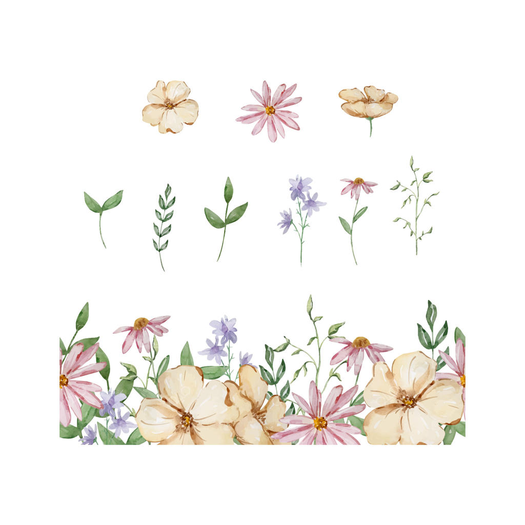 مرز یکپارچه با گل‌ها و برگ‌های آبرنگی باغ