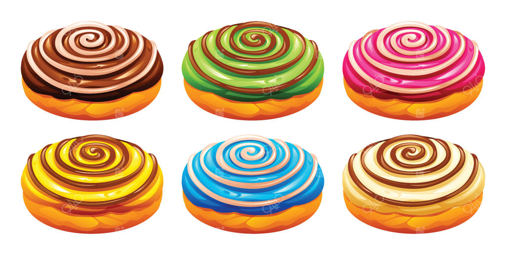 مجموعه‌ای از دونات‌های متنوع با طعم‌های توت‌فرنگی، چای سبز، موز، وانیل و بلوبری با طرح‌های مارپیچ. تصویر کارتونی