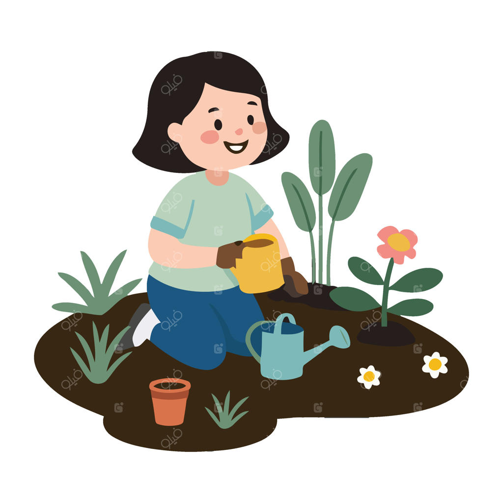 زنی در حال آبیاری گیاهان در باغ است