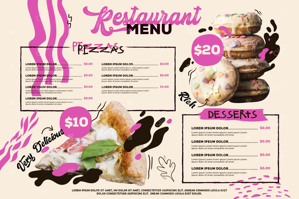 پترن افقی منوی دیجیتال رستوران با دونات و پیتزا