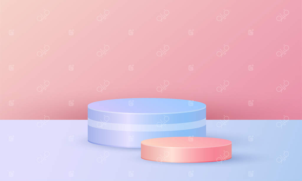 نمایش محصول در صحنه ساده با سکوی هندسی و پایه استوانه‌ای در پس‌زمینه آبی و صورتی