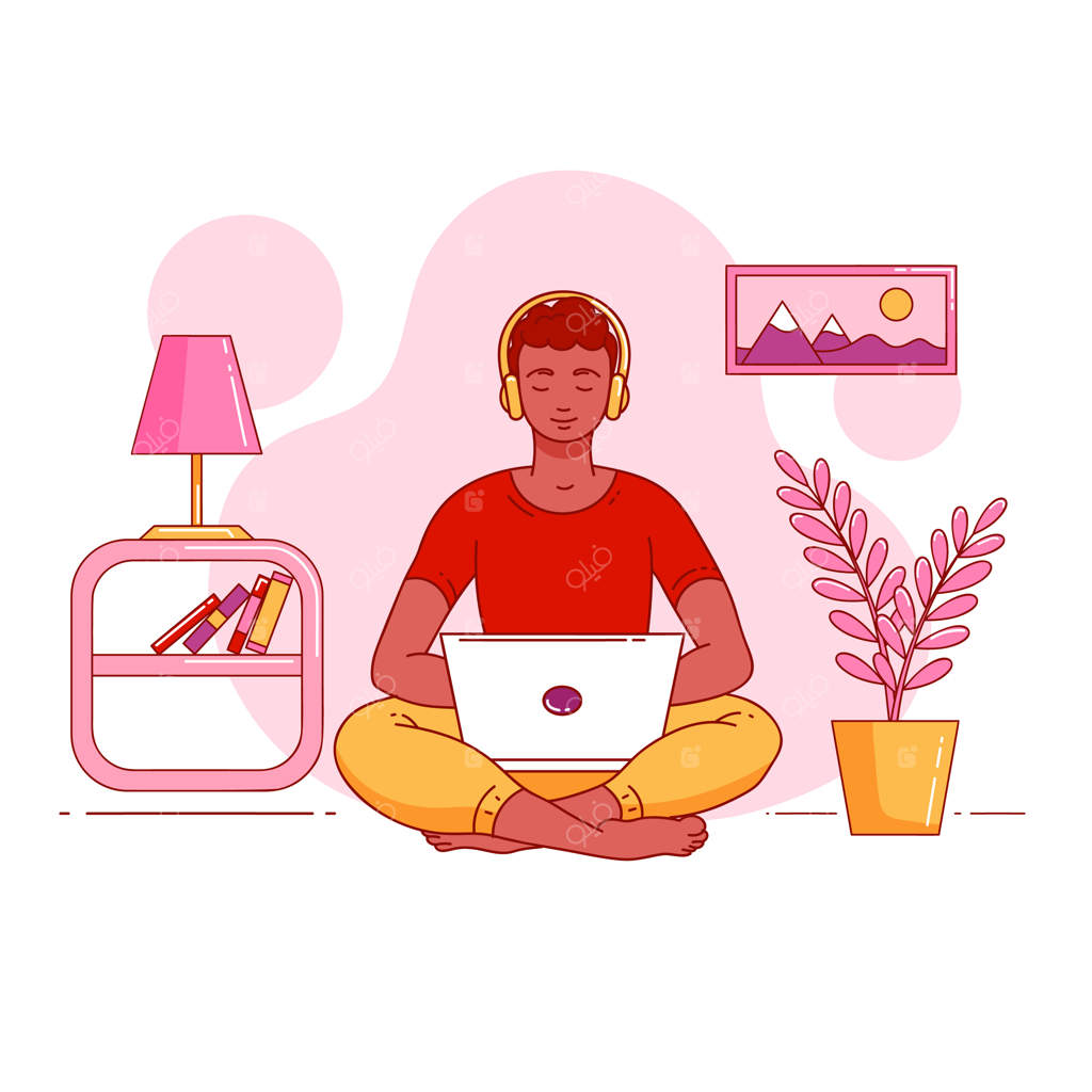 پسر جوان با هدفون پادکست گوش می‌دهد، نشسته به حالت لوتوس و لپ‌تاپ روی زانوانش