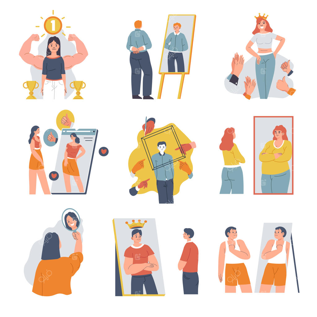 وکتور افراد در حال نگاه کردن به خود در آینه