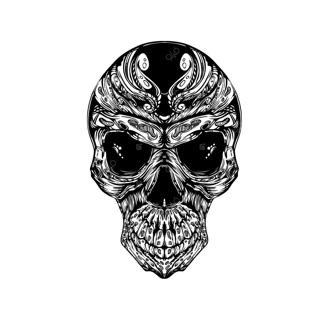 طرح تاتوی سیاه و سفید جمجمه با نقوش تزیینی ترایبال