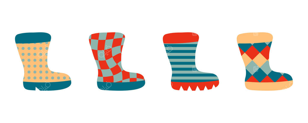 مجموعه کلیپ‌آرت چکمه‌های باغبانی هندسی با طرح رترو. ایده‌آل برای پوستر، کارت پستال، برچسب و استیکر. تصویر جداگانه برای دکور و طراحی.