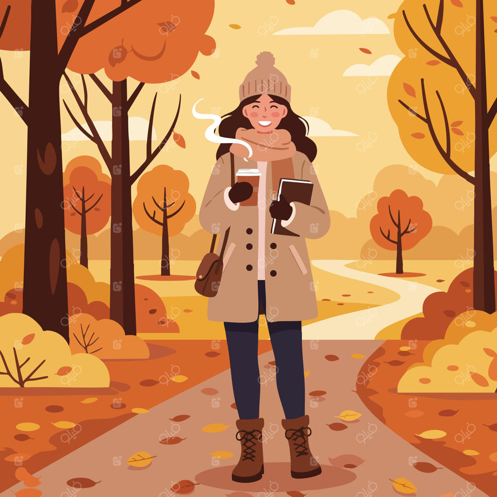 زنی که در پارک پاییزی با درختان نارنجی و زرد، نوشیدنی گرم می‌نوشد و کتاب می‌خواند