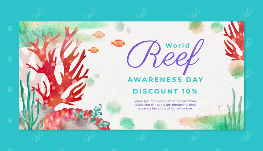 پترن بنر روز جهانی صخره‌های مرجانی با آبرنگ