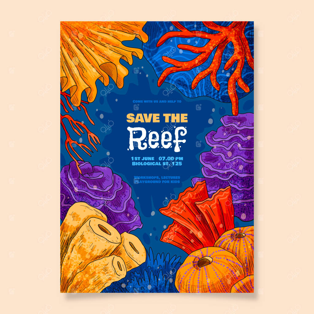 قالب پوستر دست‌کشیده برای روز جهانی صخره‌های مرجانی