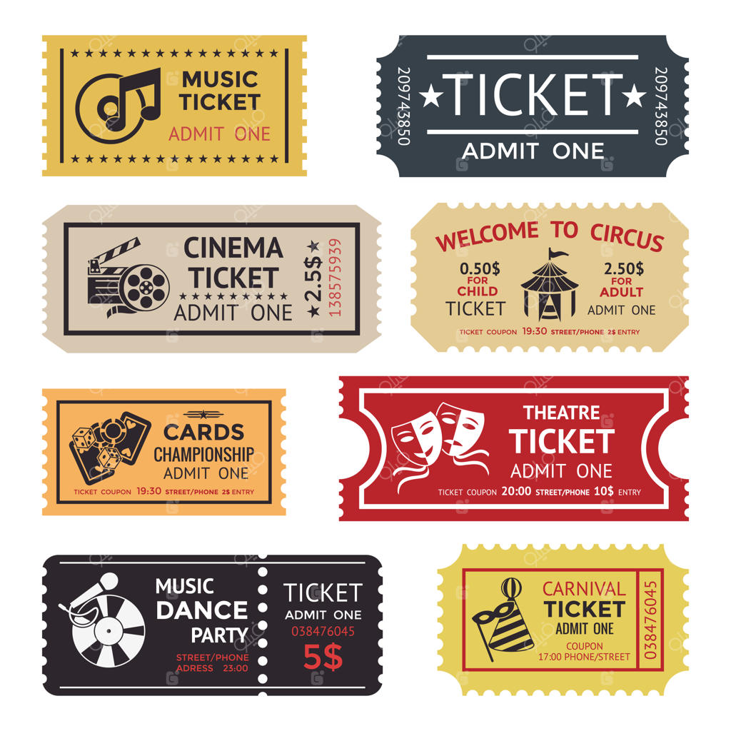 مجموعه بلیط‌های سرگرمی رنگارنگ و متنوع با متن‌ها و سبک‌های مختلف - تصویر وکتور