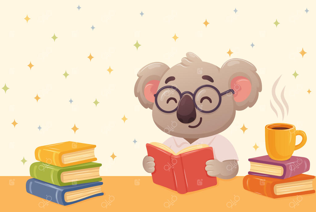شخصیت کوآلا با عینک و پیراهن در کتابخانه در حال خواندن کتاب با یک فنجان قهوه یا چای