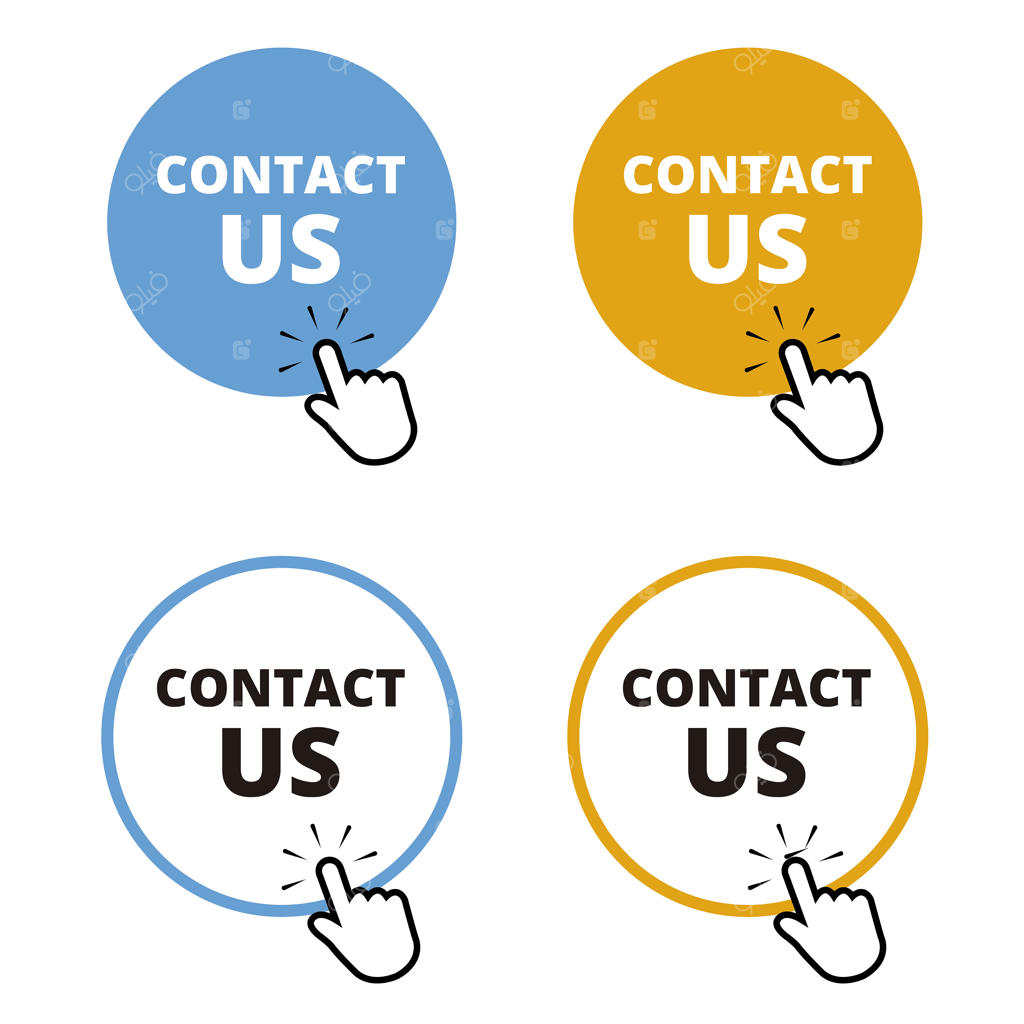 دکمه گرد آبی و نارنجی «تماس با ما» با دست در حال کلیک روی زمینه سفید