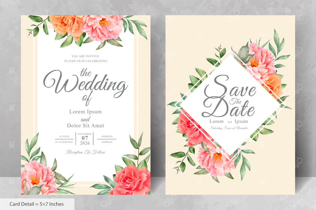 ست شیک کارت دعوت عروسی آبرنگی با طراحی دستی گل صد تومانی و برگ‌ها