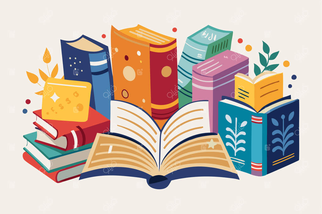 مجموعه‌ای از کتاب‌های باز با طراحی جلدهای رنگارنگ و حروف دست‌نویس - مجموعه برداری تخت