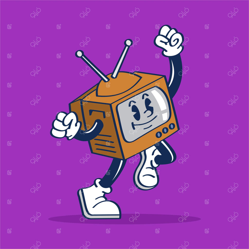 شخصیت کارتونی تلویزیون قدیمی با چهره در حال پریدن و گفتن هورا - تصویرسازی دستی وکتور
