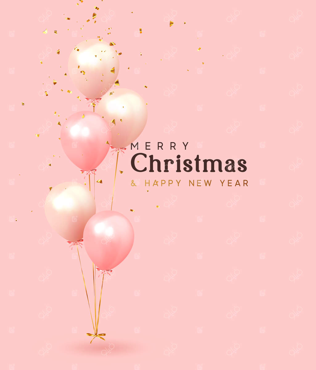 پس‌زمینه کریسمس: پس‌زمینه جشن با بادکنک‌های هلیومی. پوستر و بنر تبریک سالگرد. عناصر طراحی دکوراتیو واقعی. شیء سه‌بعدی واقع‌گرایانه بادکنک با روبان، به رنگ صورتی و مرجانی.