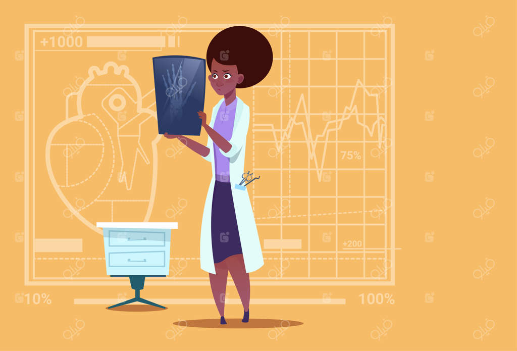 پزشک زن سیاه‌پوست در حال بررسی رادیولوژی در کلینیک پزشکی بیمارستان جراحی