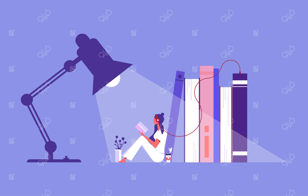 زنی نشسته کنار انبوهی از کتاب، با هدفون و گوش دادن آنلاین – مفهوم مطالعه آنلاین