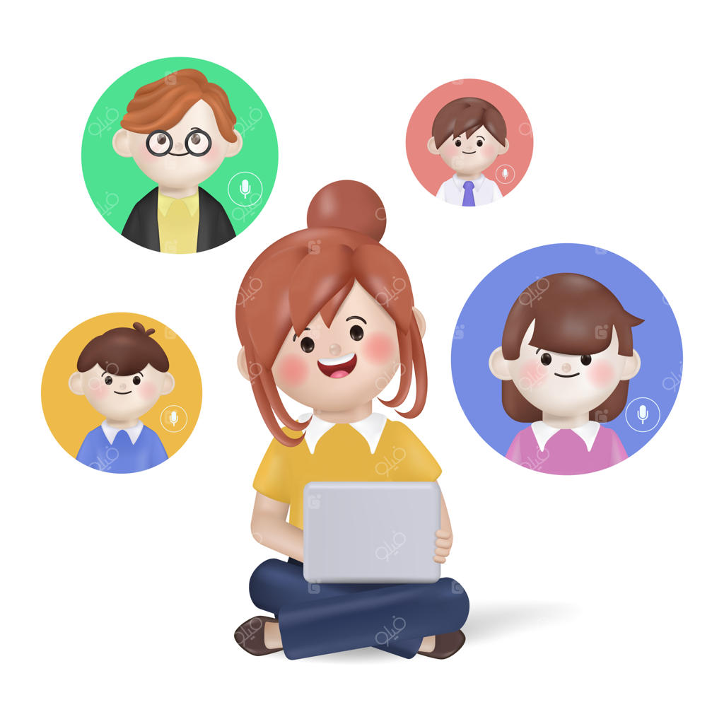 کارتون سه‌بعدی: همکاری زن تاجر با همکارش در کنفرانس ویدئویی با شخصیت‌های کارتونی سه‌بعدی