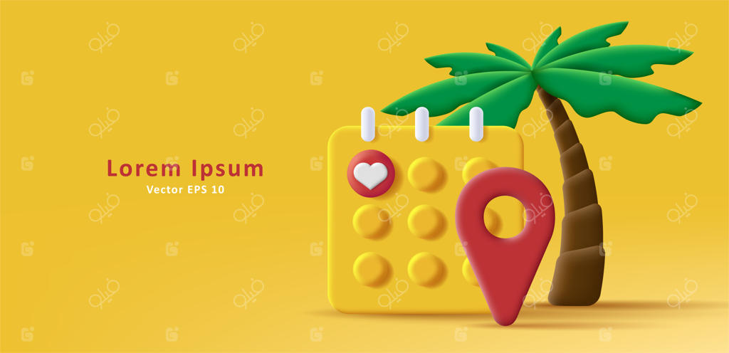 تصویر سه‌بعدی از برنامه‌های تعطیلات تابستانی با تقویم، نخل و موقعیت‌یاب جغرافیایی