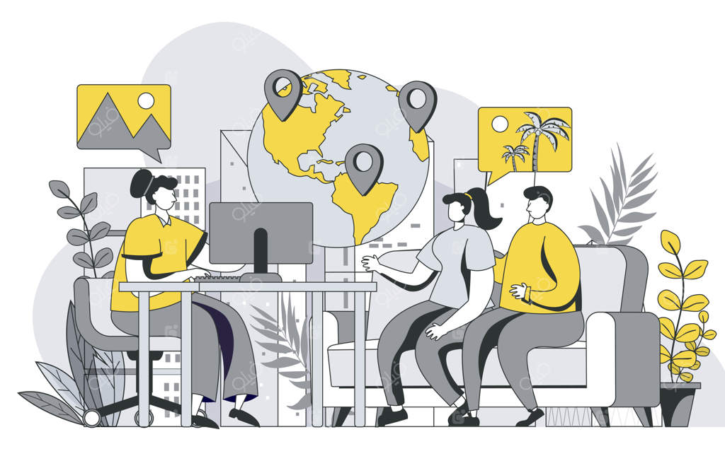 مفهوم آژانس مسافرتی با طراحی شخصیت‌ها - مشاوره مرد و زن با کارشناس جهت انتخاب سفر