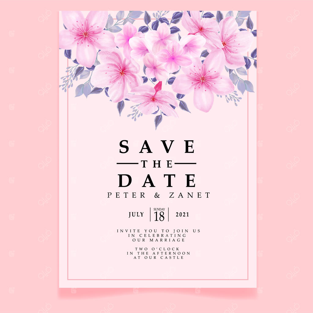 قالب قابل ویرایش دعوت‌نامه عروسی با طرح آبرنگی گل‌های صورتی