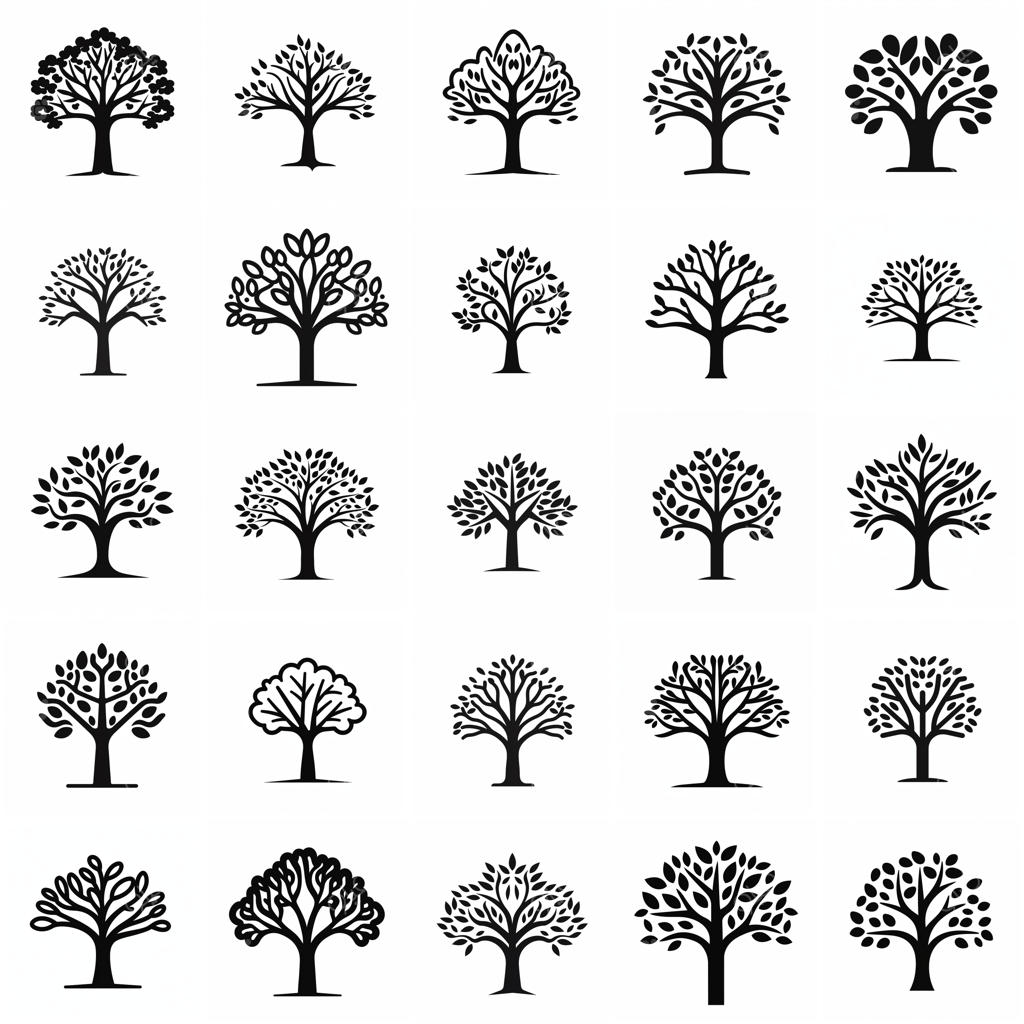 مجموعه ۲۵ آیکون خطی سیاه طرح شاخه درختان جنگلی