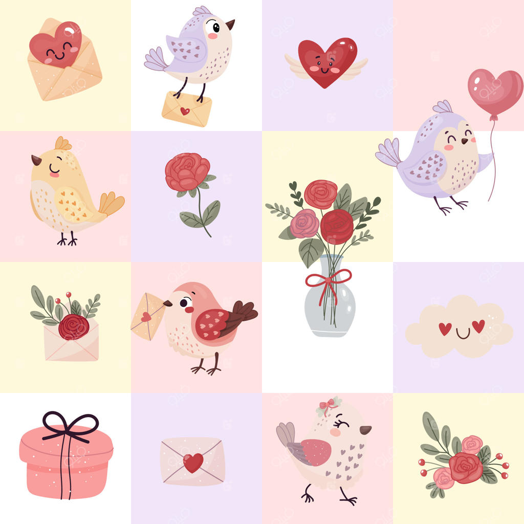 طرح مربعی یکنواخت، عشق، روز ولنتاین. پرندگان بامزه، نامه، گل‌ها و قلب.