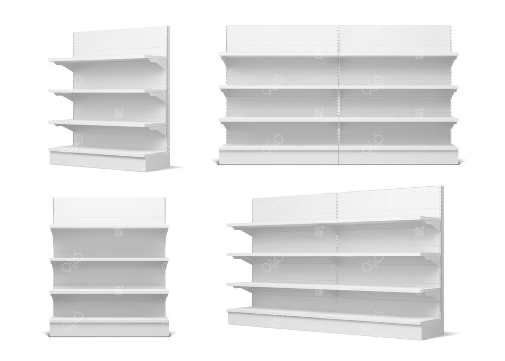 قفسه‌های فروشگاه خرده‌فروشی سفید در سوپرمارکت‌ها