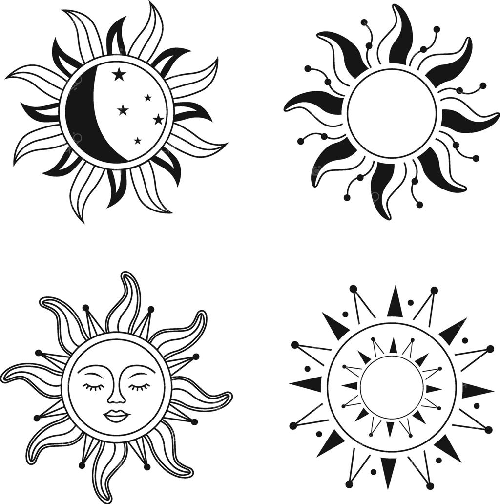 مجموعه تصویرسازی تزئینات خورشید آسمانی. طراحی تخت و وکتور مستقل.