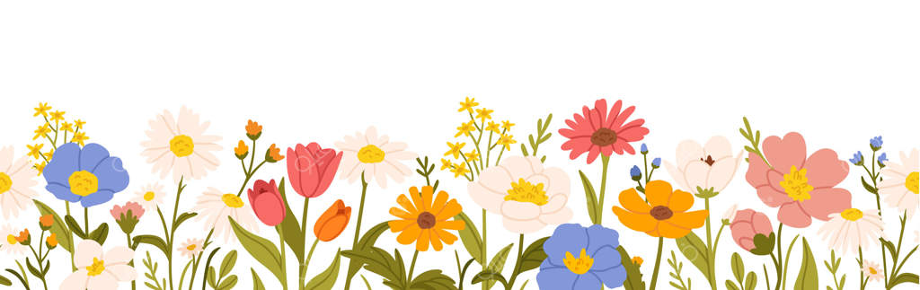 مرز گل‌ها: طراحی کارتونی گل‌های بهاری. شکوفه‌های باغ، ساقه، برگ‌ها، گیاهان. گل‌های دشت وحشی. قاب بهاری گل‌ها. پس‌زمینه گیاهی