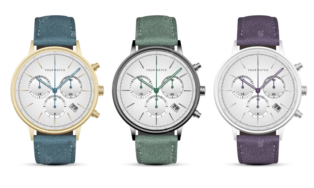 مجموعه کلاسیک و لوکس ساعت با طراحی سفید: ساعت با صفحه فلزی تیره و مسی، اعداد سیاه، عقربه‌های آبی، سبز و بنفش و بند چرمی