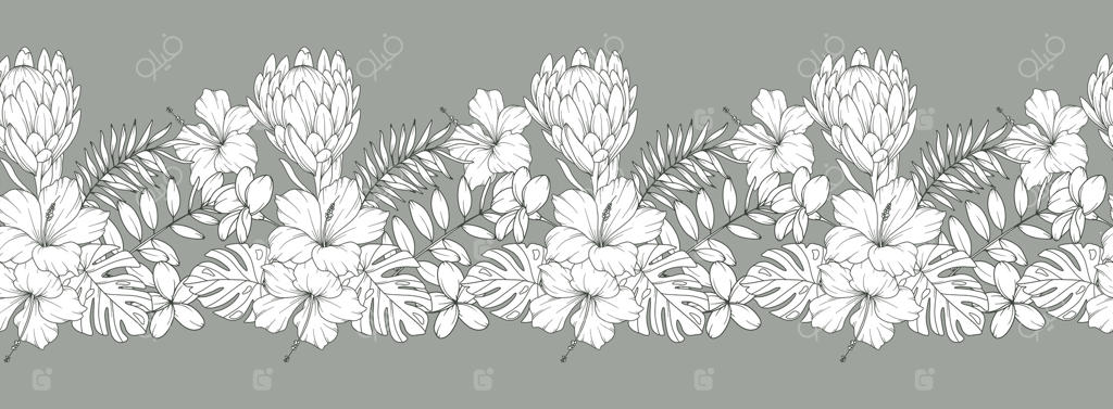 حاشیه‌ای از گل‌ها با گیاهان و گل‌های استوایی. پس‌زمینه‌ی گل‌دار افقی و بدون انقطاع. طراحی گل به سبک مینیمالیستی. قاب حاشیه‌ای گل‌دار بی‌انقطاع.