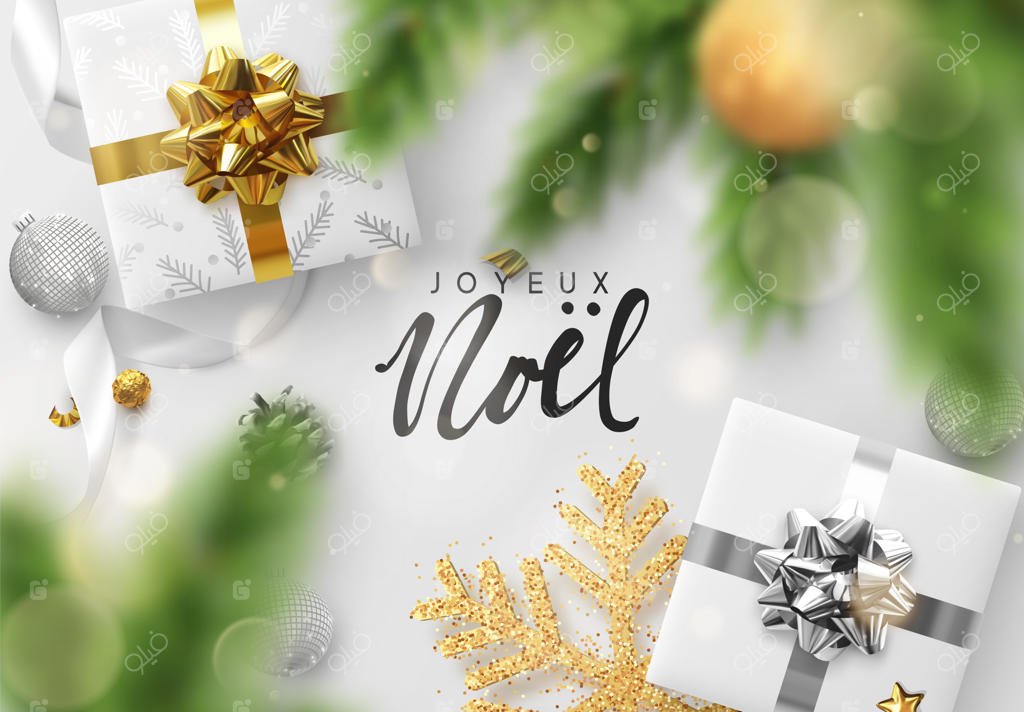 متن فرانسوی: "جویو نوئل". کریسمس مبارک و سال نو پر از شادی! طراحی پس‌زمینه شامل جعبه هدیه، شاخه‌های کاج، توپ‌های طلایی و دانه برف تزئینی براق. زیورآلات کریسمس. تصویرسازی وکتور.