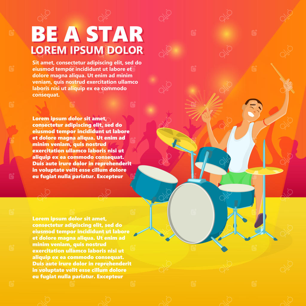 نوازنده نوجوان در حال نواختن درامز - تصویرسازی کارتونی وکتور