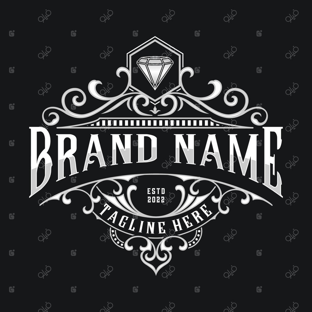 لوگوی تزئینی لوکس با طراحی نوشته در قاب زینتی، مناسب برای جواهرات، بوتیک‌ها، هتل‌ها، برچسب‌ها، آرایشگاه‌ها و محصولاتی که به دنبال ظاهری شیک و مجلل هستند.