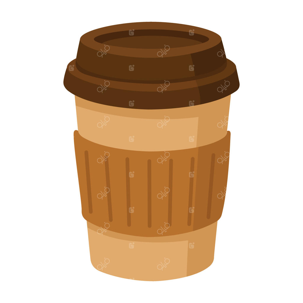 فنجان قهوه کارتونی با در و غلاف، تصویرسازی برای تم‌های گرمایی غذا و نوشیدنی.