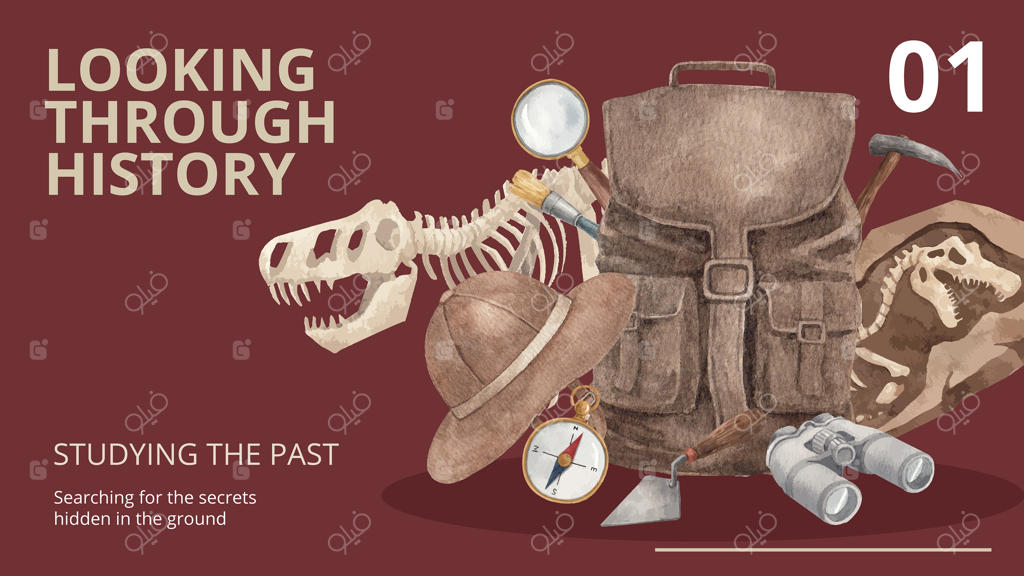 قالب بنر وبلاگ با طرح باستان‌شناس فسیل‌ها به سبک آبرنگی