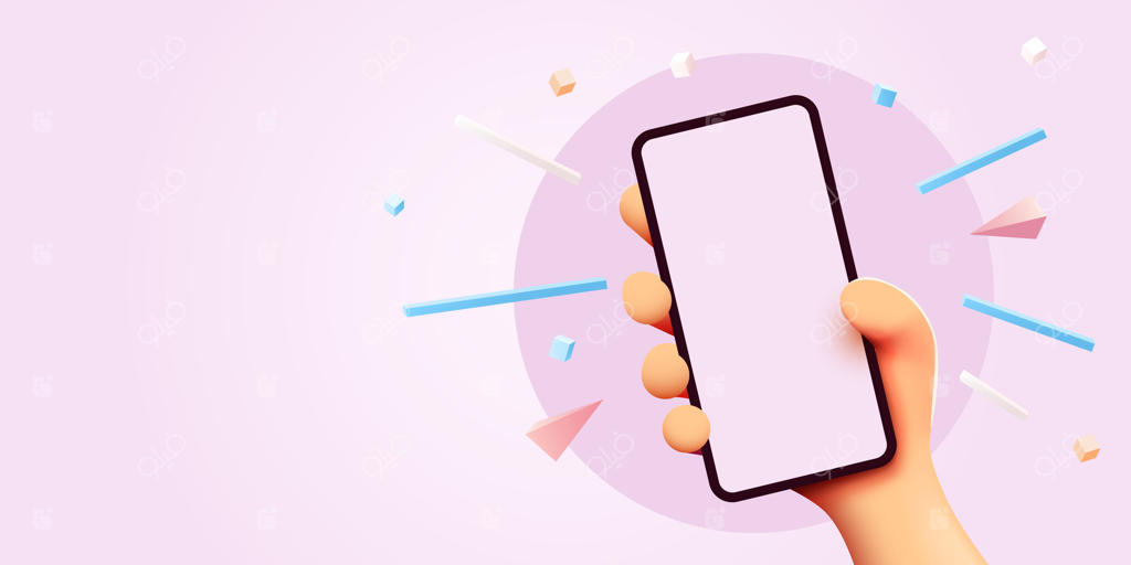 حالت کارتونی بامزه دست در حال نگه داشتن گوشی هوشمند مدرن (ماک آپ)