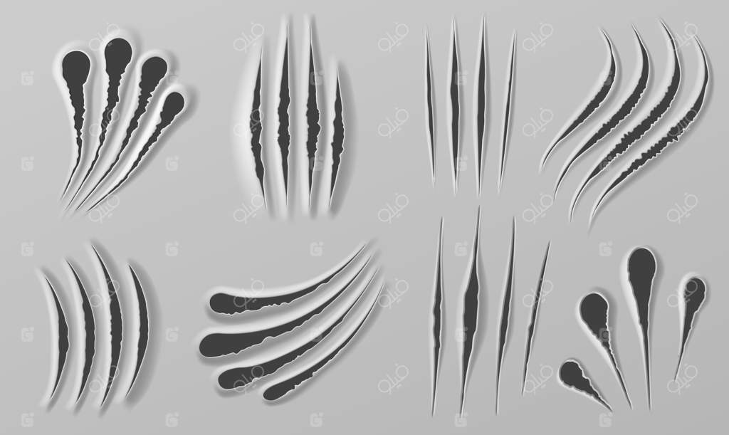 پاره شدن چنگال‌ها: نشانه‌هایی از چنگ‌های جانوران. خراش‌های واقعی از خرس، ببر یا شیر. مجموعه‌ای از بافت‌های زخم ترسناک هیولای هالووین یا حمله جانوران. تصویرسازی از زخم ناشی از پنجه‌های ببر و حمله جانور.