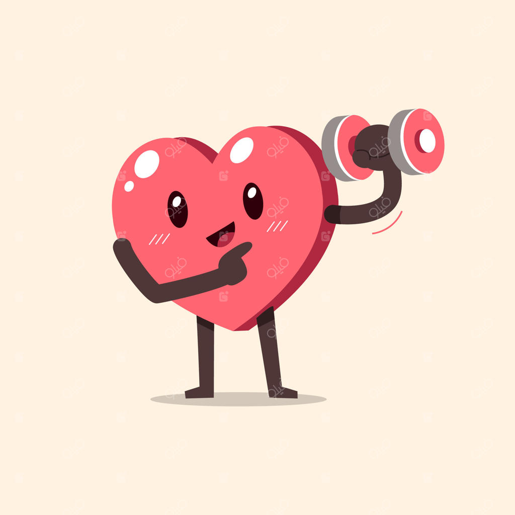 شخصیت کارتونی قلب در حال تمرین وزنه با دمبل برای طراحی.