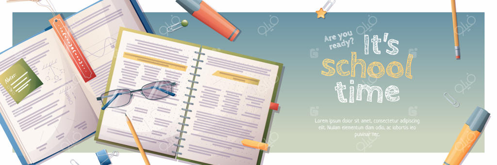 بنر افقی بازگشت به مدرسه با موضوعات و عناصر آموزشی. آموزش، دانش، یادگیری. پس‌زمینه با کتاب‌های درسی، دفترچه‌ها و لوازم‌التحریر.