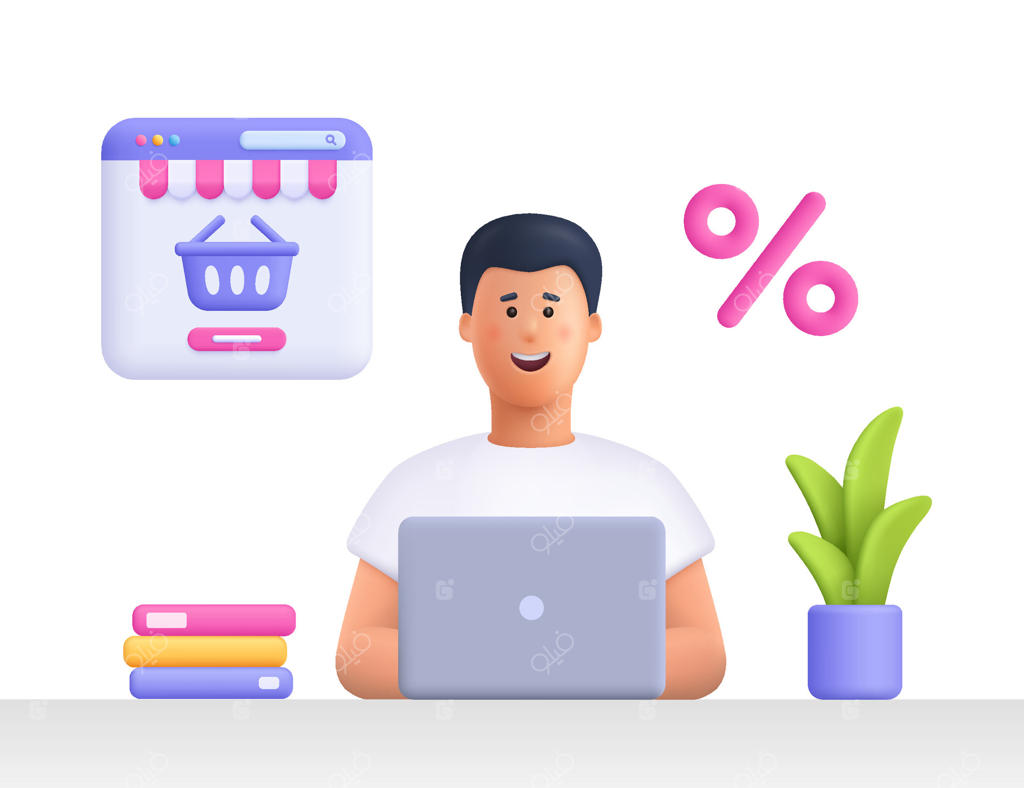 مرد خندان مشغول خرید از فروشگاه اینترنتی با لپ‌تاپ. خرید آنلاین، تحویل درب منزل، تجارت الکترونیک، تخفیف و فروش ویژه. شخصیت سه‌بعدی کارتونی به سبک مینی‌مال.